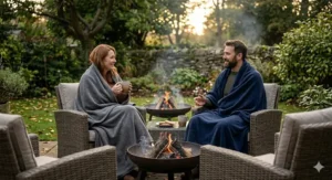 An autumn dusk scene in a British garden, where two people are seated wrapped in anti-pilling fleece blankets around a fire pit.