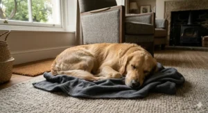 A Golden Retriever sleeping comfortably within the folds of a grey anti-pilling fleece blanket on a plush rug in a traditional British living room.