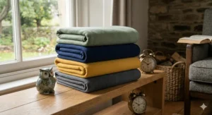 A stack of four neatly folded anti-pilling fleece blankets in charcoal grey, sage green, navy, and ochre on a light-oak shelf.