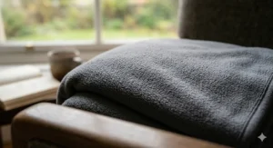 Close-up macro photograph of a grey anti-pilling fleece blanket, showing the smooth, bobble-free texture under natural light.