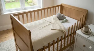 A soft, cream-coloured bamboo baby blanket tucked into a wooden cot.