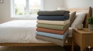 A stack of bamboo blankets in various British-inspired tones like sage green and slate.