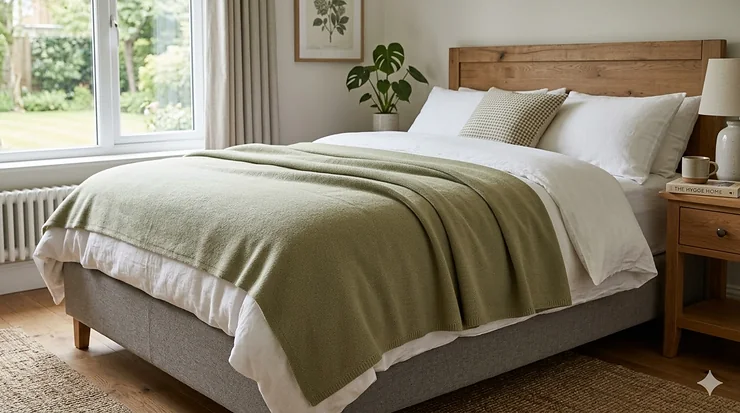 A high-quality sage green wool blanket that doesn't bobble or pill draped over a modern bed in a British home. blankets that don't bobble or pill