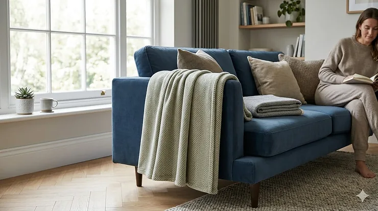 A soft, sage green low maintenance blanket draped over a navy blue velvet sofa in a bright UK living room, highlighting its machine-washable texture. low maintenance blankets