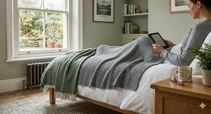 A person relaxing under one of the best thermal blankets on a bed in a cosy UK bedroom, demonstrating heat retention. best thermal blankets