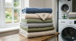 A stack of various coloured throws and blankets that are all compatible with UK tumble dryers.