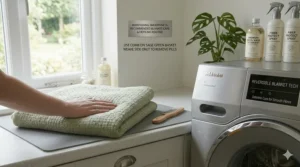 A sage green blanket folded on a utility room worktop next to a fabric comb and fibre protectant sprays.