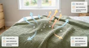 Graphic showing how bamboo blankets regulate temperature for a cool night's sleep.