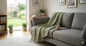 A lightweight bamboo throw blanket folded on a sofa next to a cup of tea.