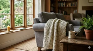 A thick, cream-coloured knit eco-friendly blanket styled over the arm of a grey sofa in a cosy living room with a mug of tea on a wooden table.
