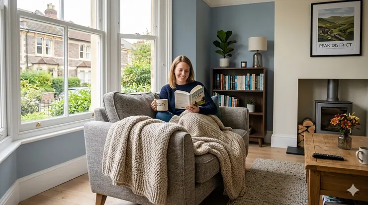 A woman relaxes in a light-filled British living room, wrapped in a cosy cream machine washable blanket while reading a book. machine washable blankets
