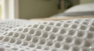 Close-up of a 100% cotton cellular blanket showing the open-weave structure designed for breathability and warmth.
