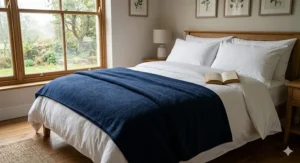 A beautifully made double bed in a British bedroom with crisp white cotton bedding and a navy blue anti-pilling fleece blanket layered across the foot.