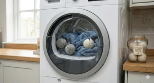 Wool dryer balls being placed into a dryer drum with a blue synthetic blanket to reduce drying time and static.