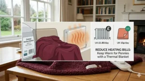 A close-up of an elderly person's hand using a digital controller for an electric heat retaining blanket, highlighting the 3-hour auto shut-off safety feature and overheat protection.