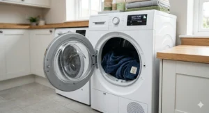 A modern heat pump tumble dryer being used to dry a large weighted blanket efficiently.