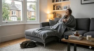 An adult wrapped in a thick, long lasting blanket to stay warm during a British winter, helping to reduce heating costs.