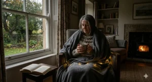 A person wrapped comfortably in a grey anti-pilling fleece blanket on a cosy sofa, holding a steaming mug to emphasise efficient, personal warmth.