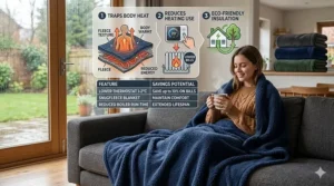 Illustration of a family using thermal fleece blankets to stay warm at home while lowering heating costs.