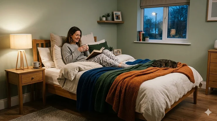 A person relaxing in a cosy bedroom under thick, extra warm winter blankets during a cold British evening. extra warm winter blankets