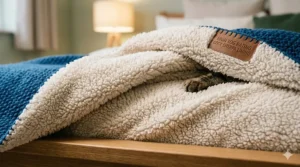 Close-up illustration of the thick, plush sherpa fleece lining on an extra warm winter blanket for added insulation.