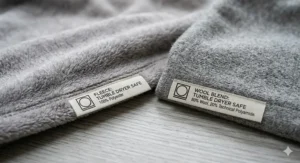 A comparison of different fabrics like fleece and treated wool that are suitable for drying in a tumble dryer.