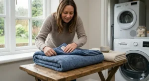 A person folding a warm, fluffy blanket straight from the dryer in a British utility room.