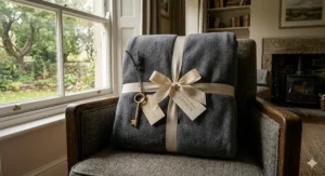 A charcoal grey anti-pilling fleece blanket neatly folded and tied with a cream satin ribbon and a Gifted from London tag on a tweed armchair.
