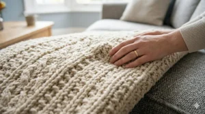 A person's hand resting on the soft, tactile surface of a premium machine washable blanket to demonstrate the material quality.