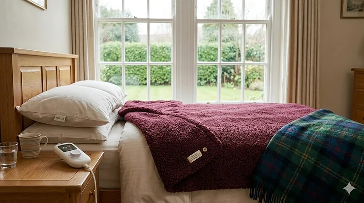 An elderly British couple sitting comfortably on a sofa wrapped in heat retaining blankets while enjoying a cup of tea in a cosy living room with a fireplace. heat retaining blankets for elderly