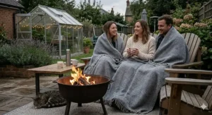 People sitting around a garden fire pit in the UK, wrapped in heavy-duty, long lasting blankets for outdoor warmth.
