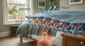 Diagram showing how thermal blanket fibres trap air to maintain body heat and provide insulation.