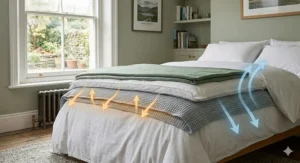 Illustration showing the correct way to layer a thermal blanket with a duvet for maximum winter warmth.