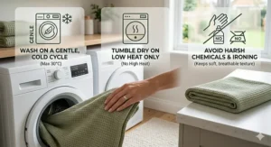 Simple icons showing the easy-care machine washing instructions for bamboo bedding.