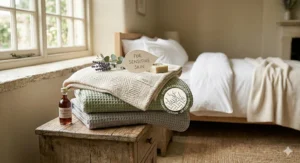 A stack of hypoallergenic organic cotton blankets with a 'For Sensitive Skin' label and UK-certified badge.