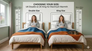 A scale drawing showing extra warm winter blankets available in double and king sizes to fit standard UK bed frames.