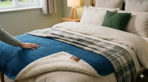 A helpful diagram showing how to layer extra warm winter blankets over a duvet on a bed for maximum heat retention.