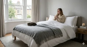 A neatly made bed with a long lasting blanket layered over a duvet for extra warmth and style.