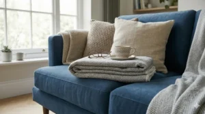 A neatly styled king-size bed featuring a navy blue, easy-care coverlet that doesn't require ironing.