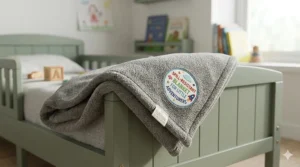 A colourful, spill-resistant blanket on a child's bed, ideal for busy UK households.