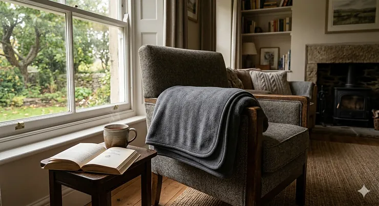 A luxury grey anti-pilling fleece blanket draped over a modern sofa in a cosy British living room. anti pilling fleece blankets
