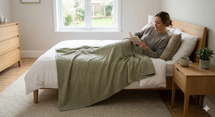 A luxury grey bamboo blanket draped neatly over a king-size bed in a modern British bedroom. bamboo blankets
