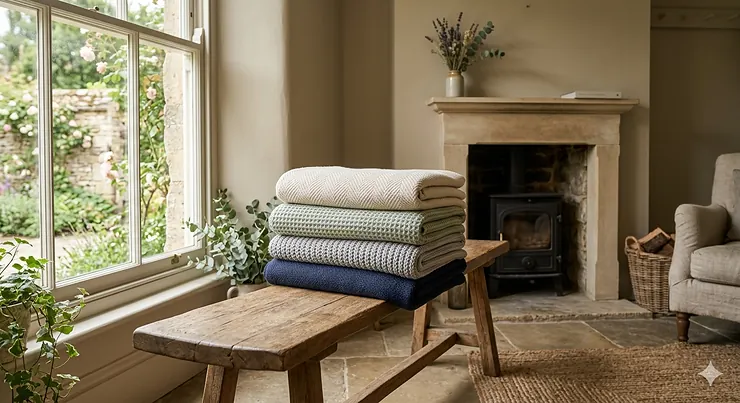 A stack of soft, folded luxury organic cotton blankets in neutral tones on a wooden bench in a British cottage. organic cotton blankets