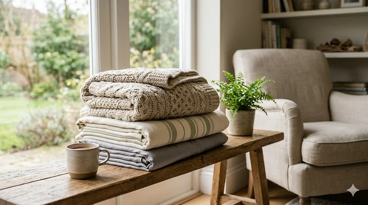 A stack of soft, natural-toned eco-friendly blankets featuring chunky knit and striped patterns, neatly folded on a rustic wooden bench next to a ceramic mug in a sunlit room. eco friendly blankets
