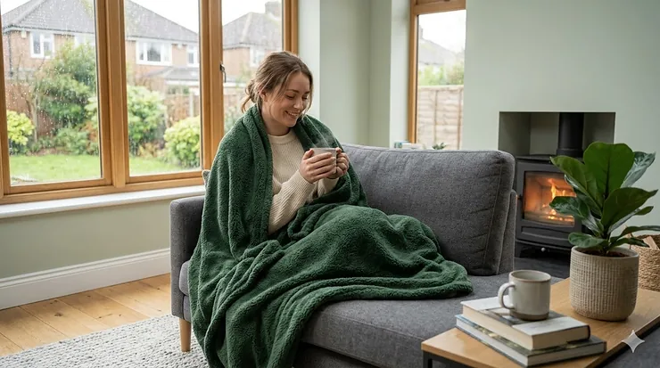 A person wrapped in a thick grey thermal fleece blanket while sitting on a sofa in a cosy British living room. thermal fleece blankets