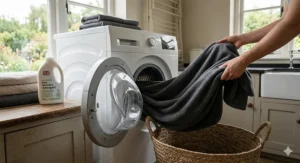 A photorealistic close-up in a British utility room showing a charcoal grey anti-pilling fleece blanket being removed from a washing machine.