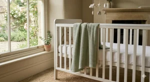 A lightweight sage green organic cotton baby blanket draped over a white wooden nursery cot in a sunlit room.