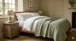 A king-size sage green organic cotton blanket layered over a white duvet on an oak bed frame.