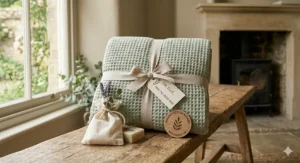 An organic cotton blanket gift set tied with a linen ribbon and a 'Handmade UK' wooden tag on a rustic bench.