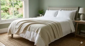 A lightweight, striped organic cotton eco-friendly blanket draped over a bed with white linen duvets and pillows in a bright British bedroom.